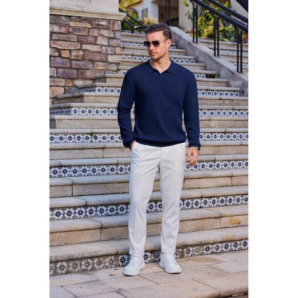 Mens Long Sleeve Knit Polo Shirt Lightweight Ribbed Polos Sweater Fall Winter Th - Picture 2 of 7